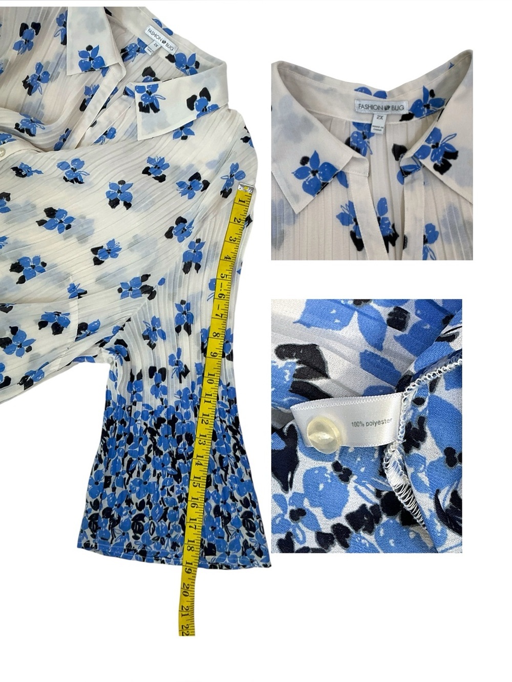 Pleated Chiffon Semi Sheer Button Up 3/4 Bell Sleeve White Blue Floral Women 2X - Picture 7 of 16